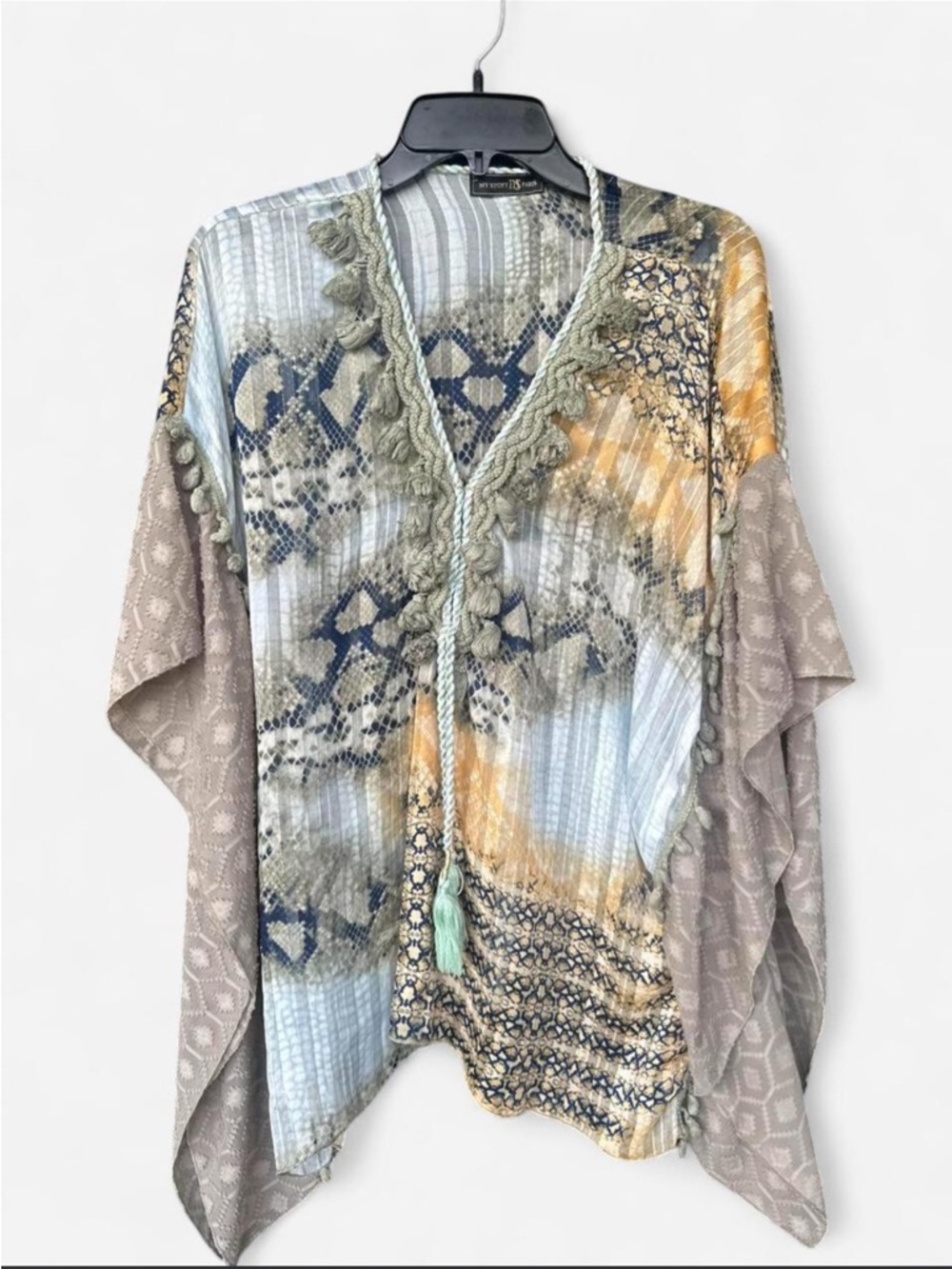 Boho Tie-Front Mixed Print Kimono Top - Multi